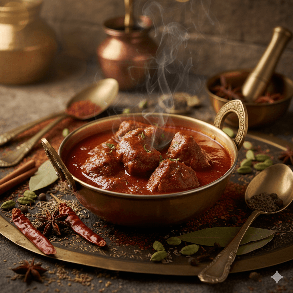 Slow-cooked Rajasthani mutton curry in brass handi